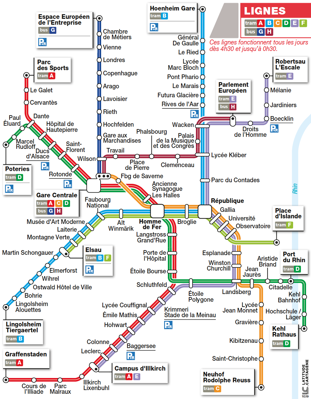 A map of the Strasbourg tramway network (2017). Line D is shown in dark green running from west to east.