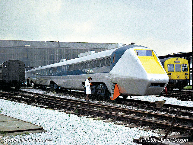 The first APT gas turbine prototype, APT-E (Experimental), at the Railway Technical Centre in Derby in 1972.